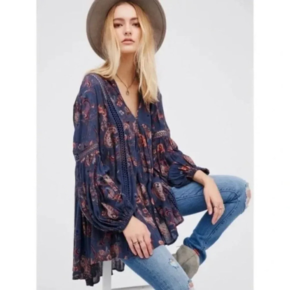 Free People Just The Two Of Us Paisley & Floral Tunic in Navy Blue - Picture 1 of 8